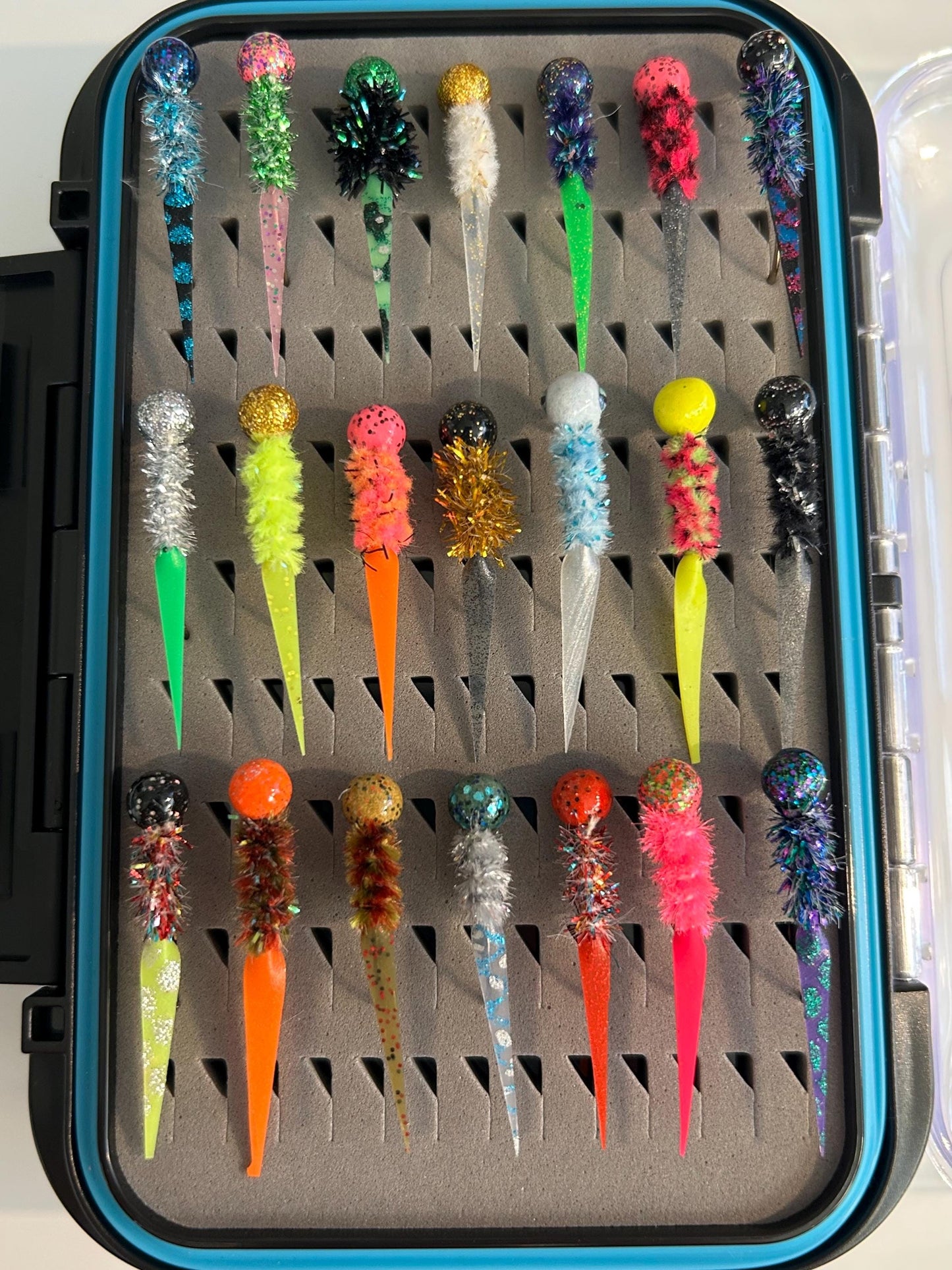 42 Hand tied wedge and split tail crappie jig box