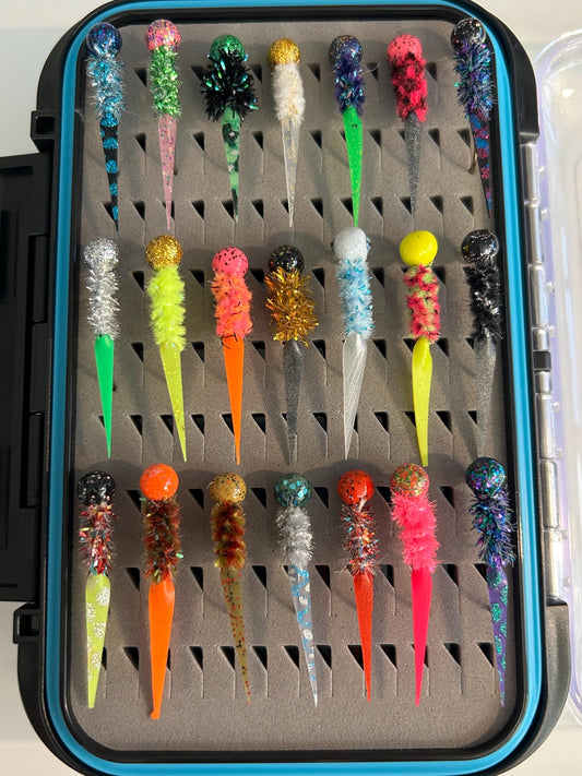 42 Hand tied wedge and split tail crappie jig box