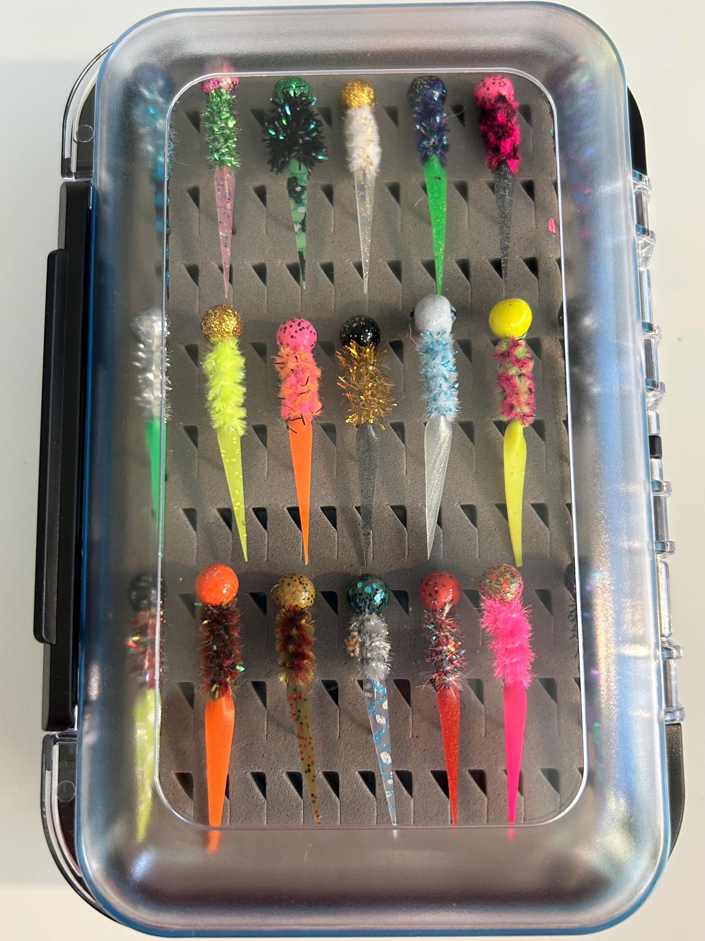 42 Hand tied wedge and split tail crappie jig box
